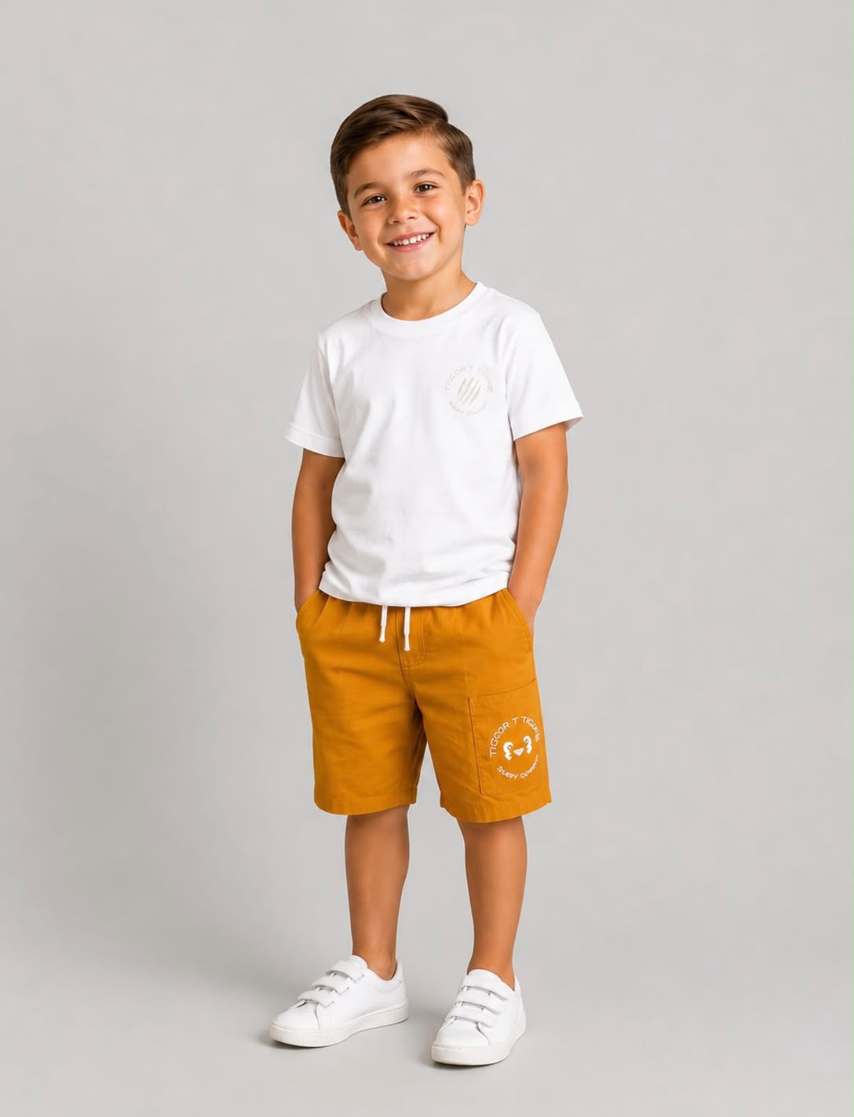 Menino vestindo camiseta branca e bermuda mostarda