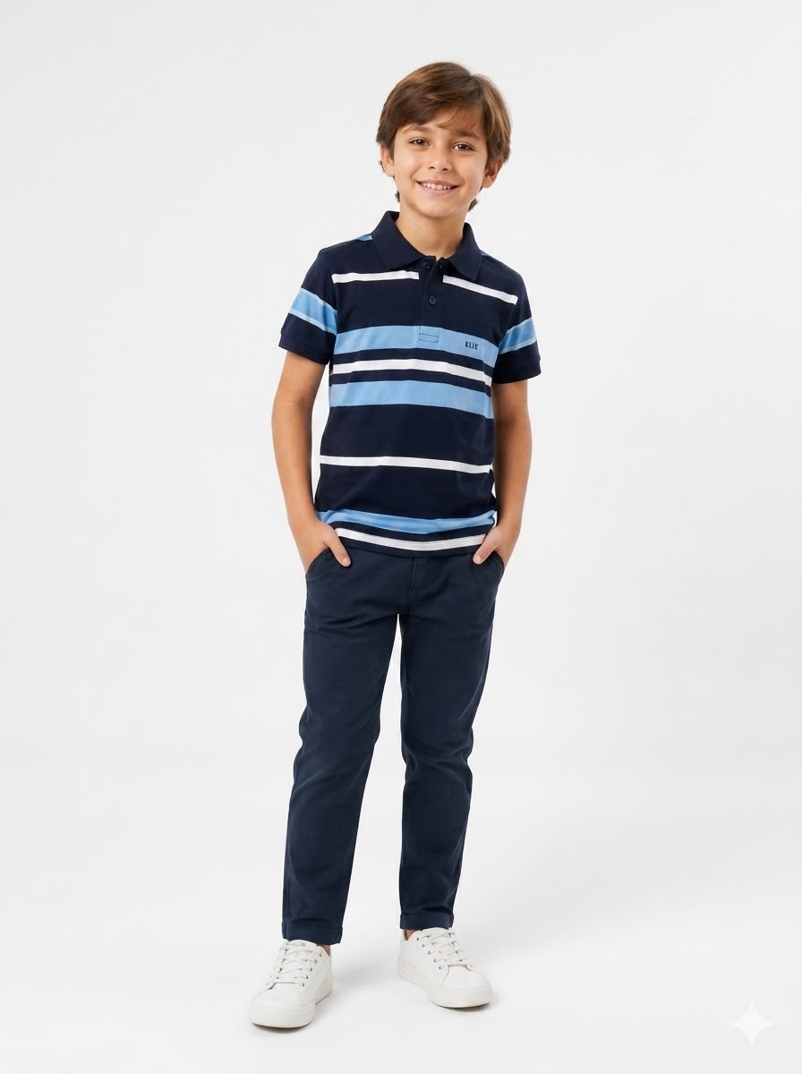 Adolescente vestindo polo listrada azul-marinho e calça azul-marinho