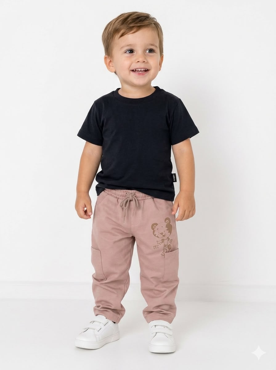 Menino pequeno vestindo camiseta preta e calça cargo rosé