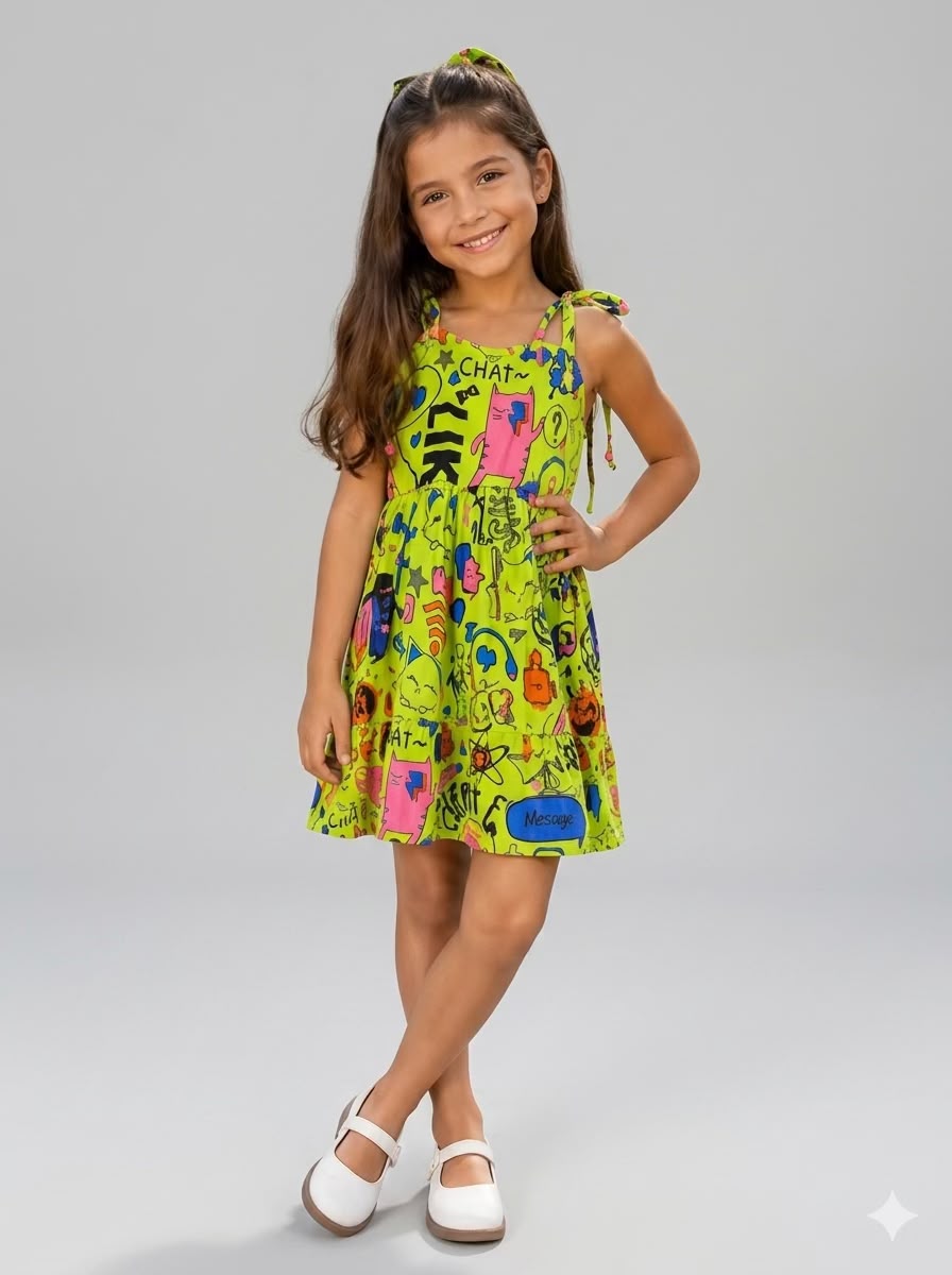 Menina vestindo vestido estampado verde neon com laço no cabelo